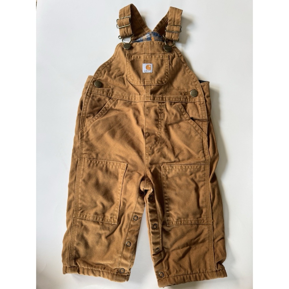 Carhartt Brown Duck Bib Overalls Baby Boys 9 Months Plaid Lined Snap Leg